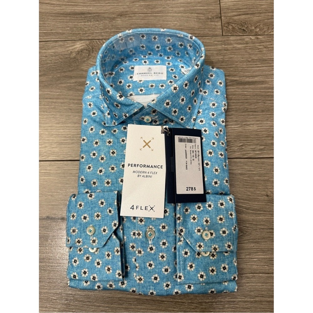 Emanuel Berg 4Flex Modern Fit Floral Knit Button-Up Shirt TURQUOISE Sz 38-15-S